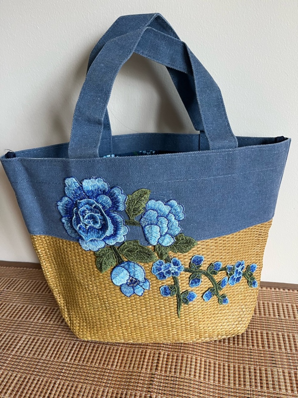 Blue Floral Canvas and Straw Tote Bag